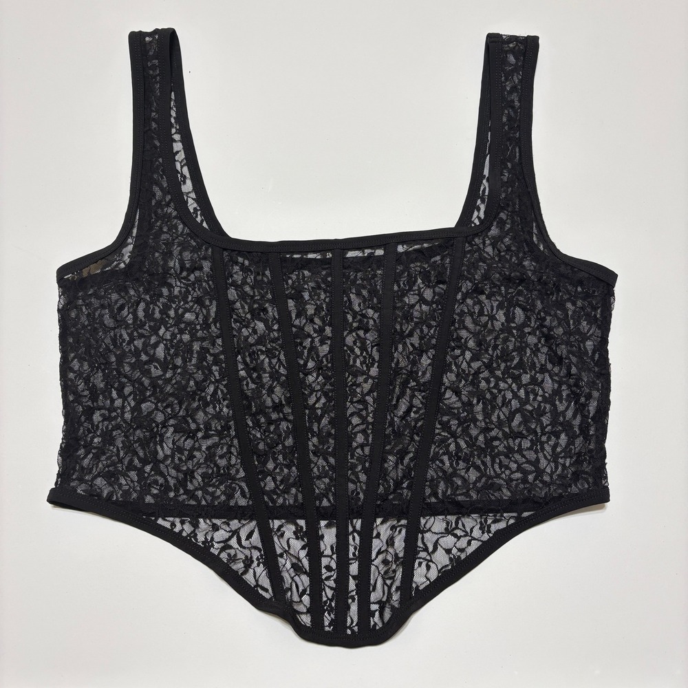 Womens Fairy Grunge Whimsigoth Sheer Floral Lace Corset Top Sz Medium Black Edgy